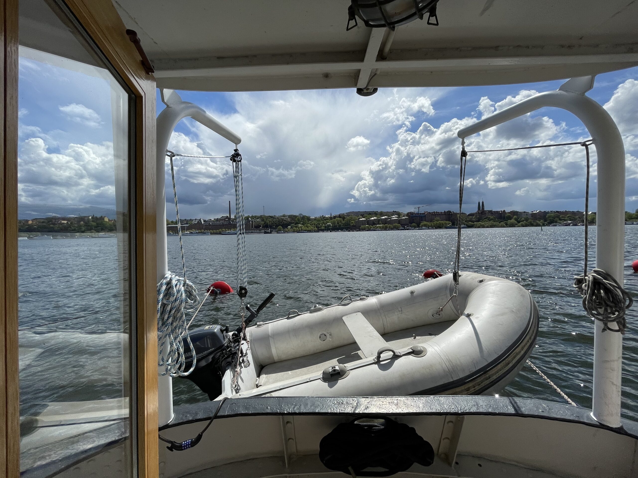 Weather deck Looking out on aft deck and dinghy